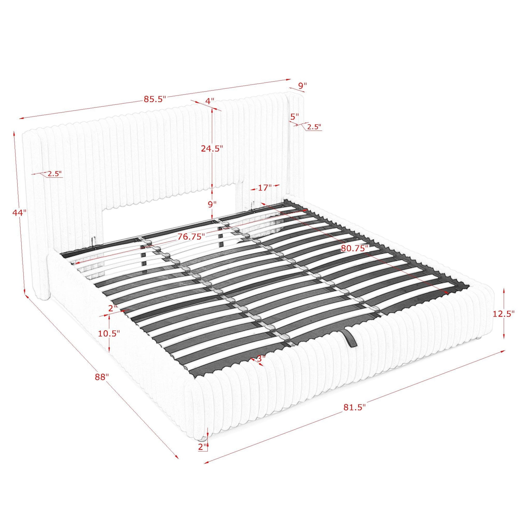 Noble House Renton King Size Platform Bed, Fluffy Faux Rabbit Fur Fabric Bed with Under-Bed Storage System, Beige