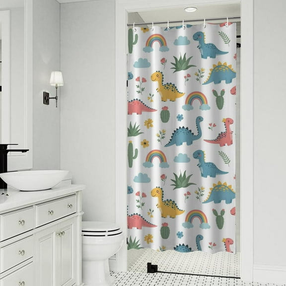 White Dinosaurs Rainbows Plants Pattern Shower Curtain 36"x72" ,Bathroom Decorative Shower Curtains Set with 12 Hooks,Modern Waterproof Washable Shower Curtain