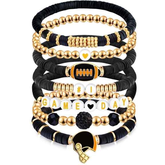 Football Bracelet Set, 7 Piece Game Day Beaded Stretch Bracelets with Football Charms and Helmet
