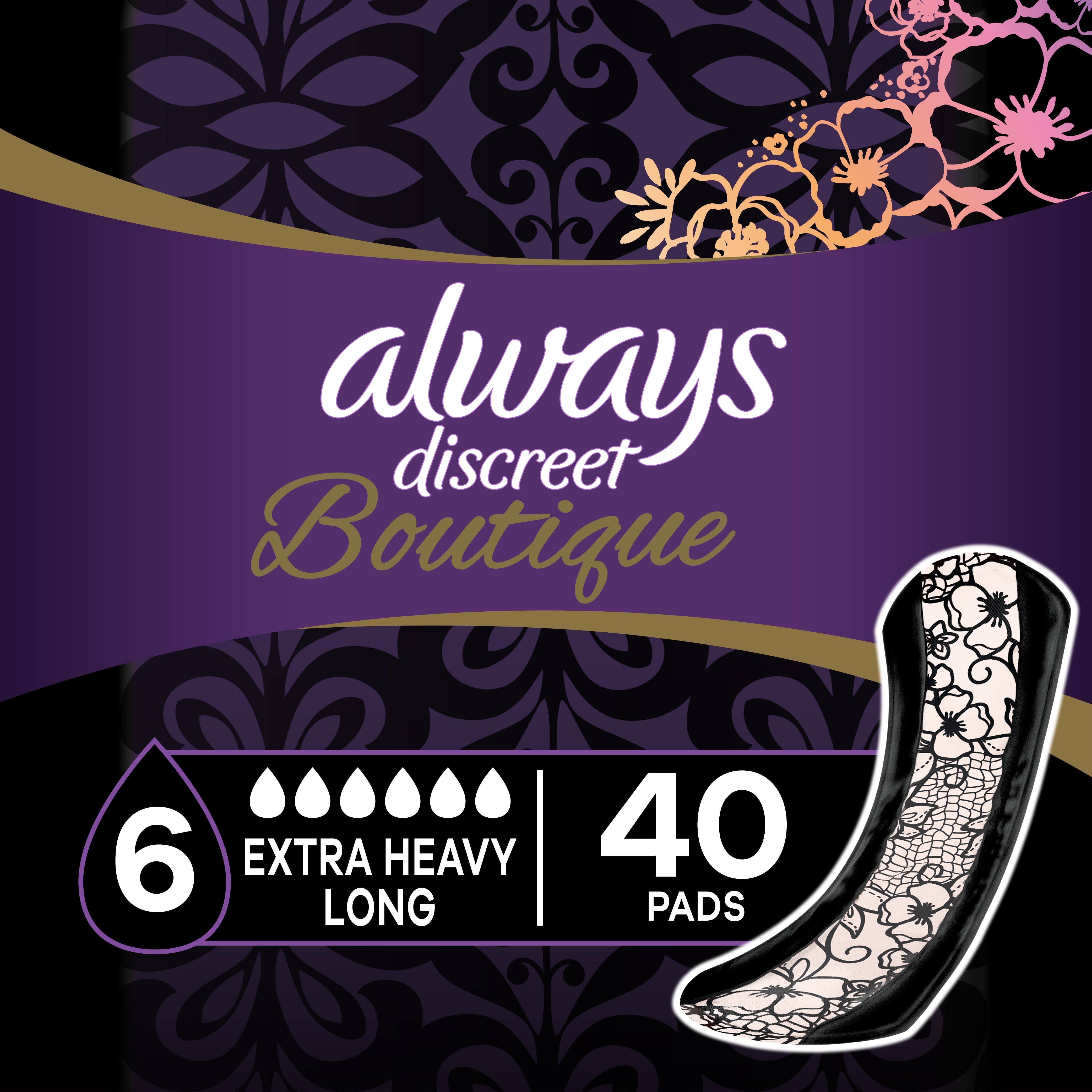 Always Discreet Boutique Incontinence Pads, Extra Heavy, Long, 40 ct