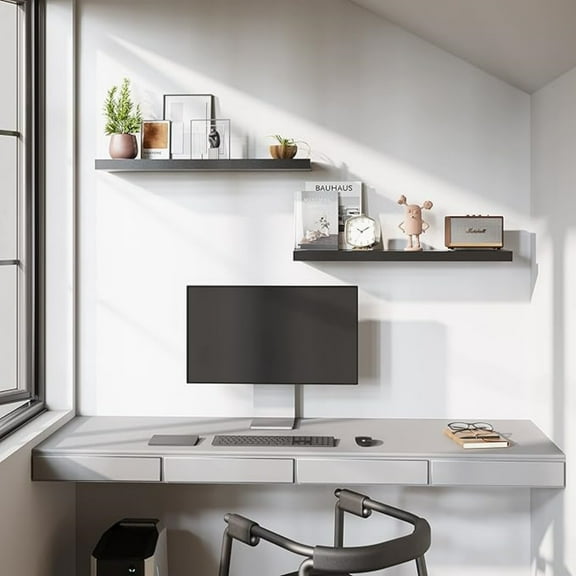 Floating Shelves, 35 Wx7 D Black Wall Mounted Wooden Shelves with Invisible Brackets Set of 2, Hanging Wall Shelves Decoration for Bedroom and Kitchen