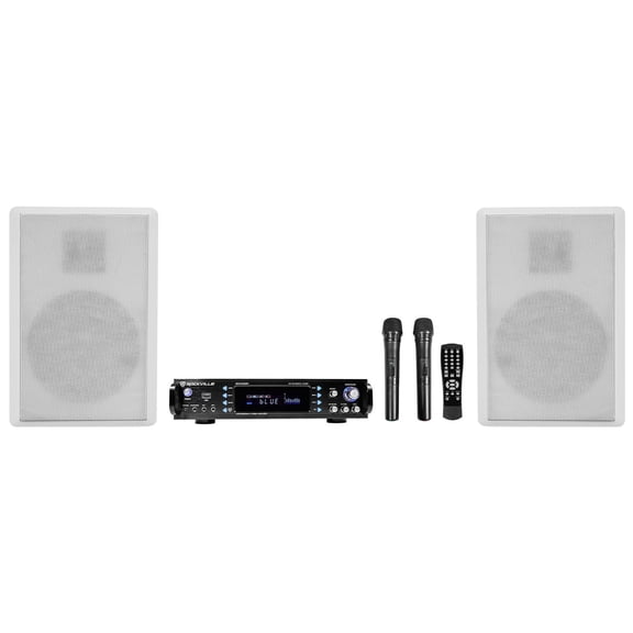 Rockville Bluetooth Receiver (2) White Wall Speakers Mics 4 Restaurant/Bar/Cafe