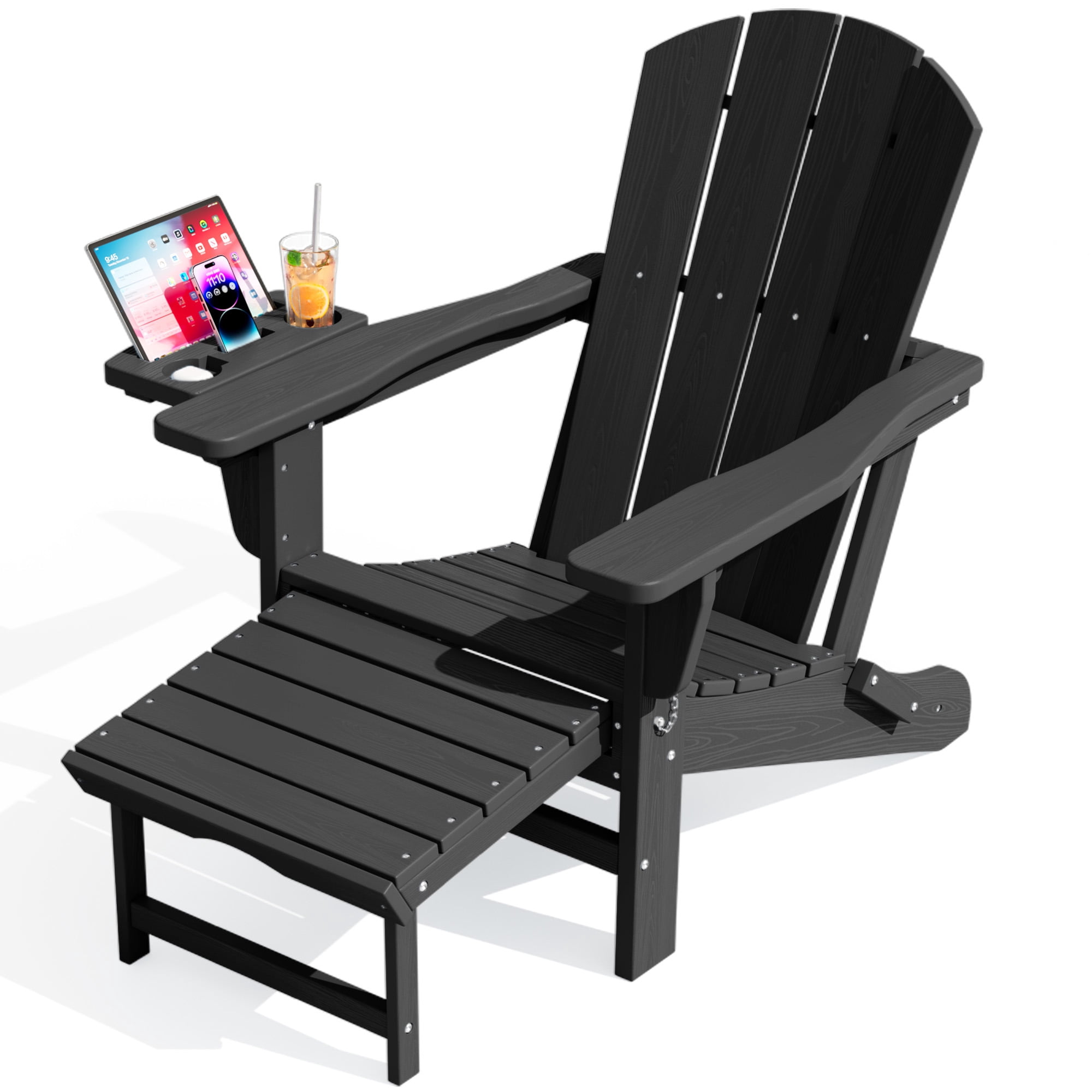 KINGYES Folding Adirondack Chair set of 2, Adjustable Backrest with Pull-Out Footrest & 4-in-1 Mobile Phone, Tablet, Cup Holder Tray, HDPE Plastic Adirondack Chair for Patio Garden Outdoors Fire Pit