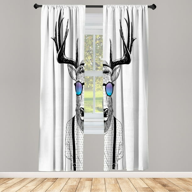 Antlers Window Curtains Ilration Of Deer Dressed Up Like Cool Hipster Fashion Creative Fun Animal Lightweight Decorative Panels Set 2 And Rod Pocket 56 X 63 Charcoal White By Ambesonne Antlers Window Curtains Ilration, Hipster Window Curtains