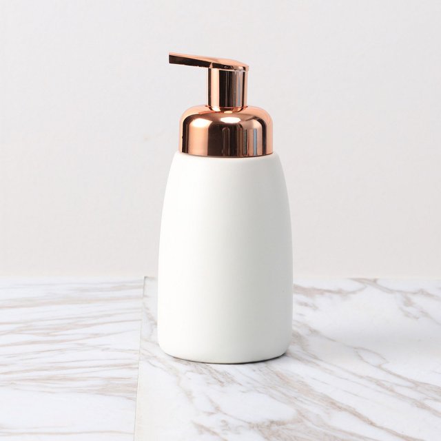 Dispensador de jabón, botella de desinfectante para manos y gel de ducha en la botella inferior (1 pieza, blanco mate, cabezal de prensa de oro rosa) Sailing Electrónica