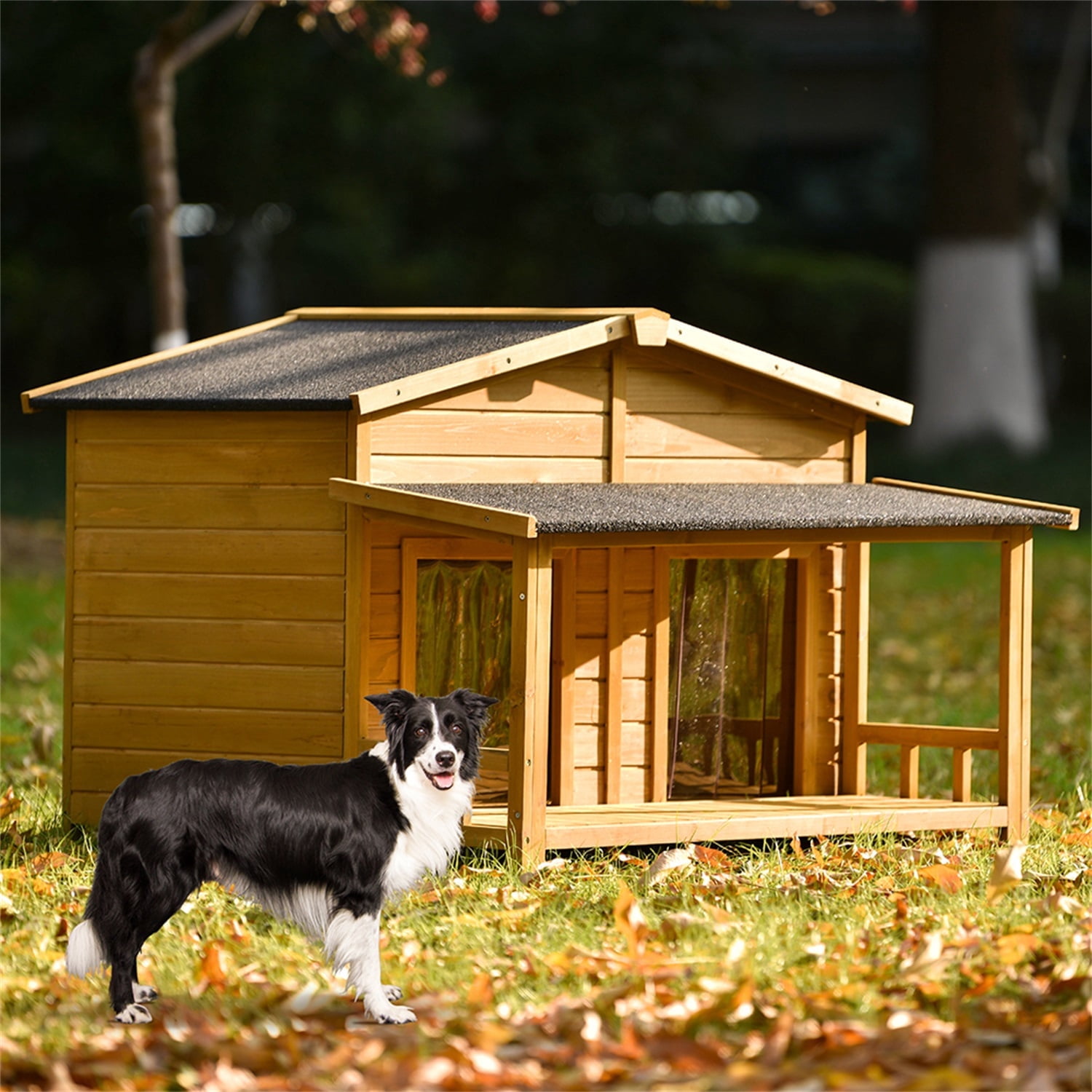 Pefilos 47" Large Wooden Dog House for Outdoor and Indoor, Cat Shelter with 2 Doors and Porch, Cabin Style Pet Kennel, Beige