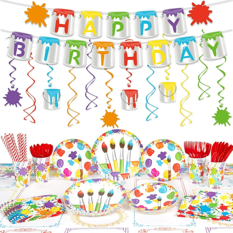DECORLIFE Paint Party Supplies Serves 16, Art Party Decorations, Total  142PCS Includes Happy Birthday Banner, 54 x 108 Tablecloth, Hanging  Swirls