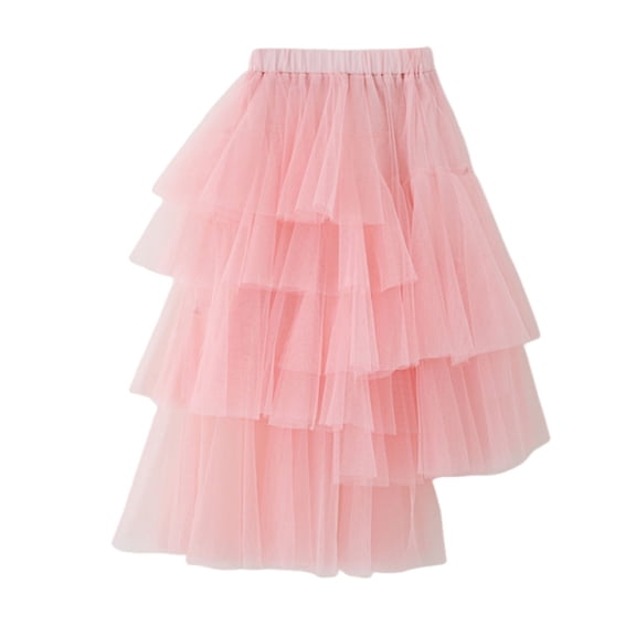 Girls Tulle Skirts Mesh Layered Ruffle Long Tiered Skirt Princess Party Tutu Fluffy Skirts Pink, 9-10Y