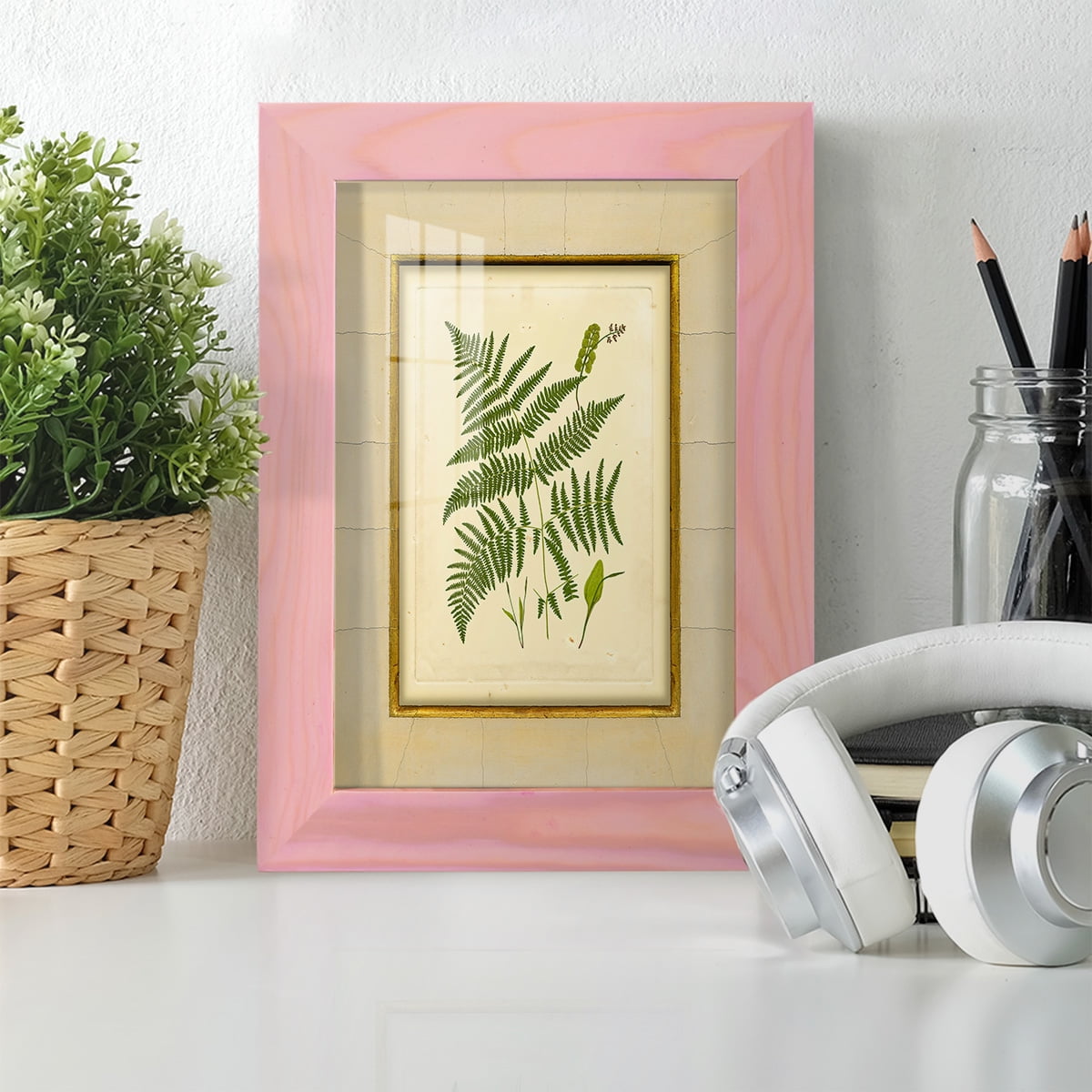 Fern with Crackle Mat (H) IV - Framed Print w/glass - Sunset Pink
