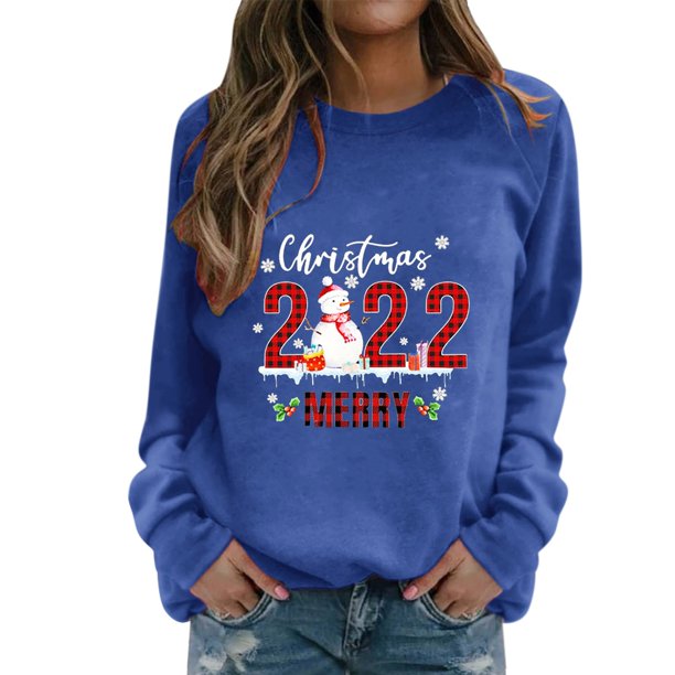 Sudadera de moda Gibobby con estampado navideño para mujer Cuello redondo Fit Pullover Casual Manga larga azul L