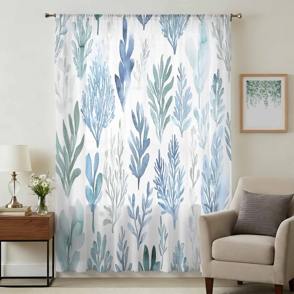 Blue Green Botanical Sheer Curtains 84 Inches Long, Retro Summer Watercolor Leaf Plant Light Filering Curtains, Breathable Simi Curtain Privacy Drapes for Living Room Bedroom Window Treatment