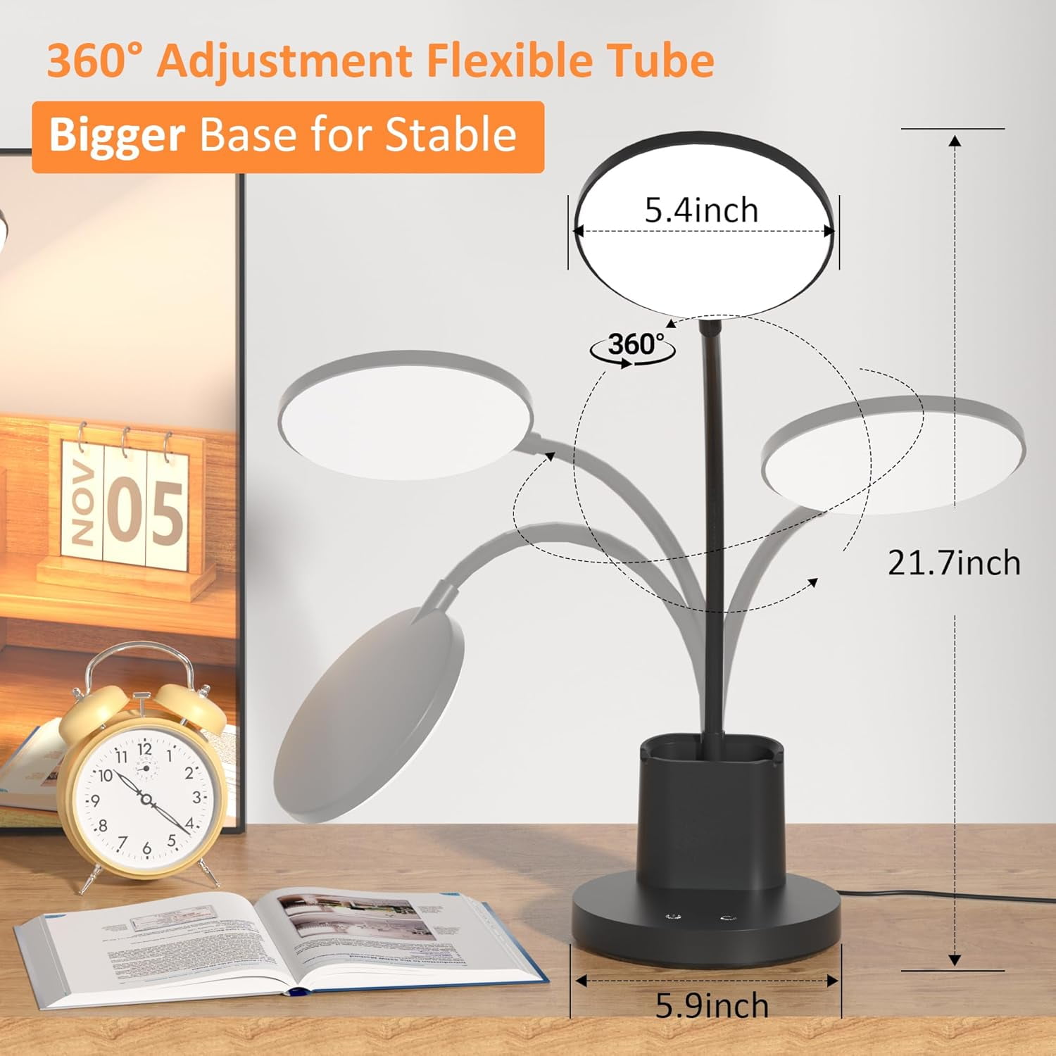 Desk Lamp, LED Desk Lamps for Home Office, Touch Table Lamp with 3 Color Modes 360° Adjustable Arm, Dimmable Desk Light with Pen Phone Holder for College Dorm, Black