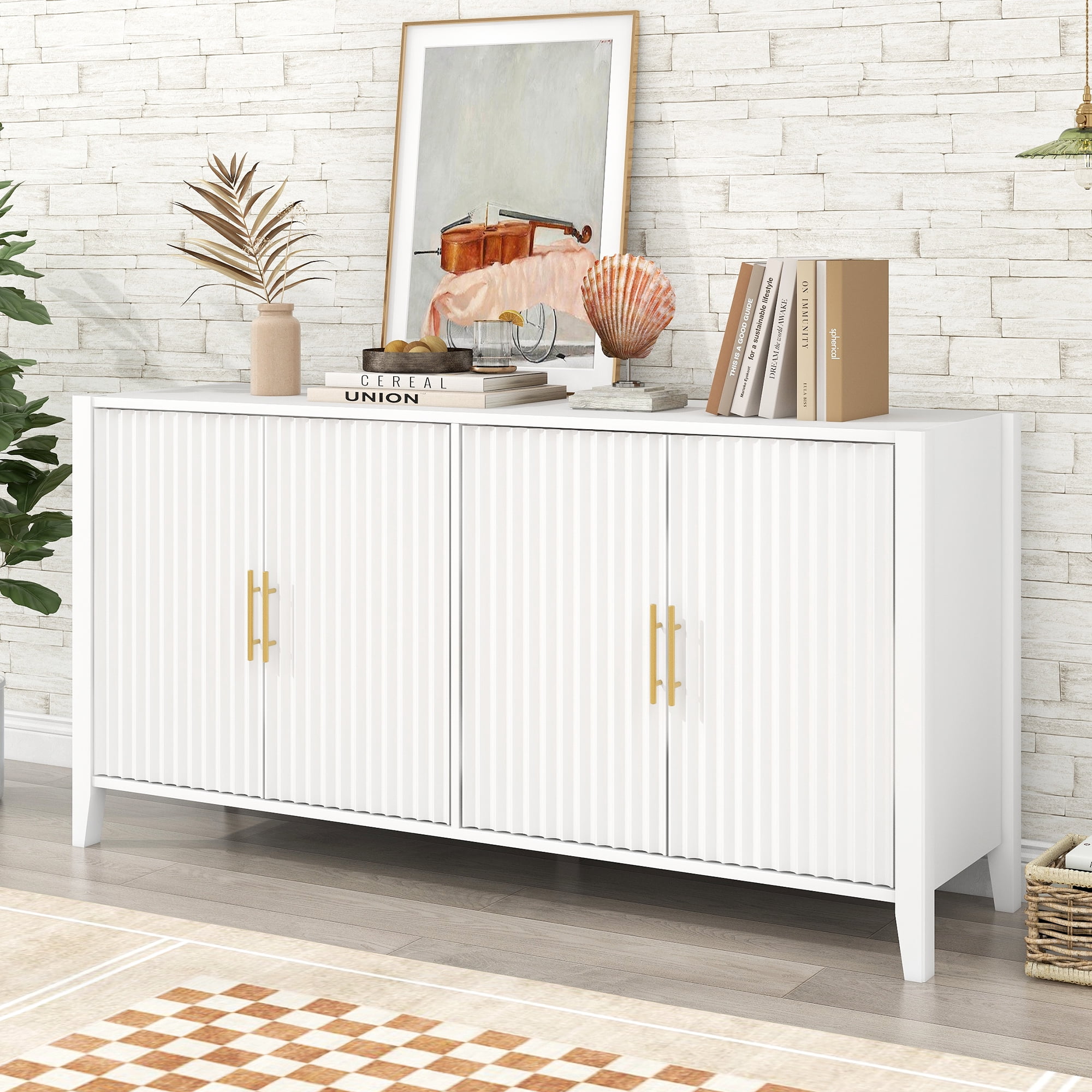 Mintazer 61" Fluted Sideboard Buffet Cabinet with 4 Door, Modern Wave Slatted Storage Credenza with Gold Metal Handles for Dining Room Living Room Entryway, White