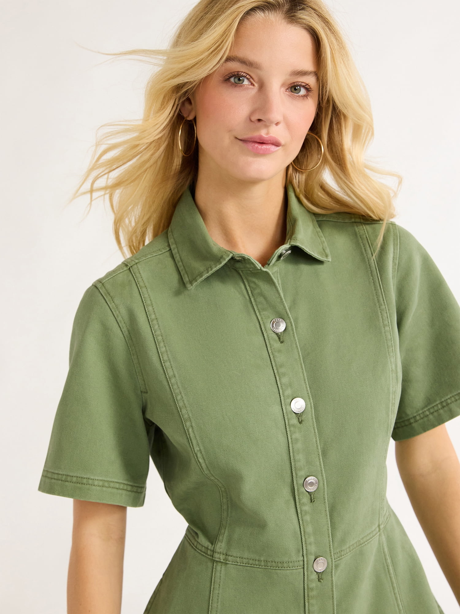 Free Assembly Women's Button Front Cotton Midi Dress with Short Sleeves, XS-XXL