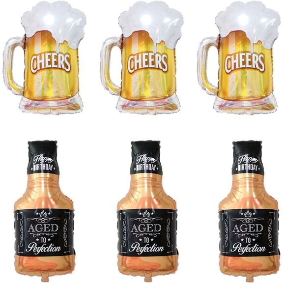  3 Giant Whiskey Bottle & 3 Giant Beer Mug Foil Mylar Balloons Set, Beer Themed Party Decorations for Adults, Birthday, Beer Festival & Bar Supplies