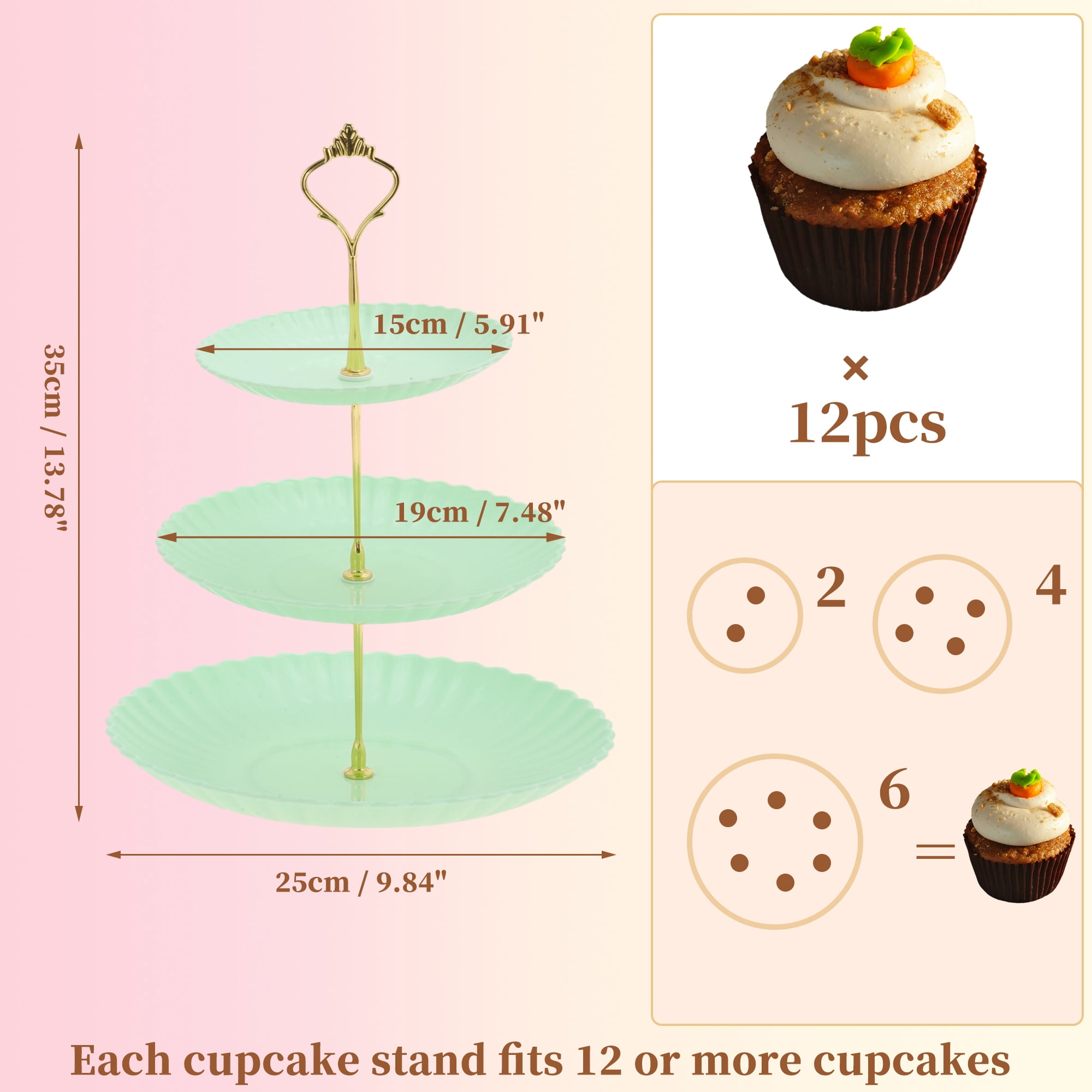 Unique Bargains 3 Tier Dessert Cupcake Stand Holder Wave Style Green Gold Tone