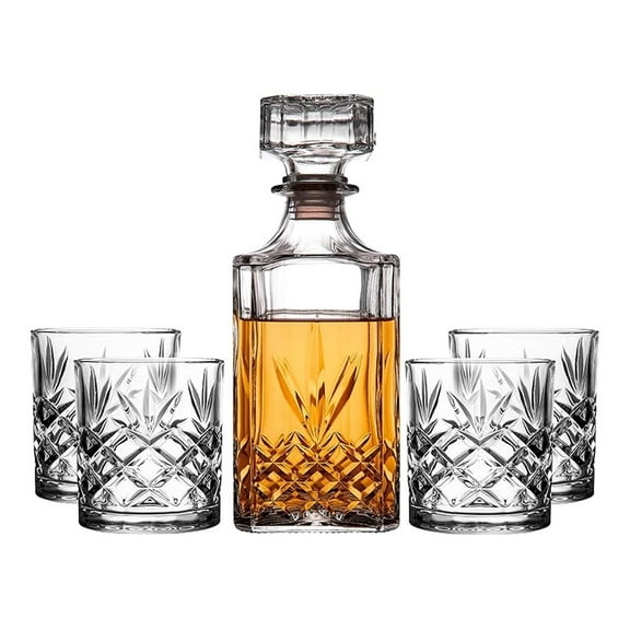 Whiskey Glasses Set with Decanter - 5pc Bundle for Bourbon, Scotch, Cognac & Liquor - Classic Etched Glass Decanter & Lowball Glasses - Pull Stopper