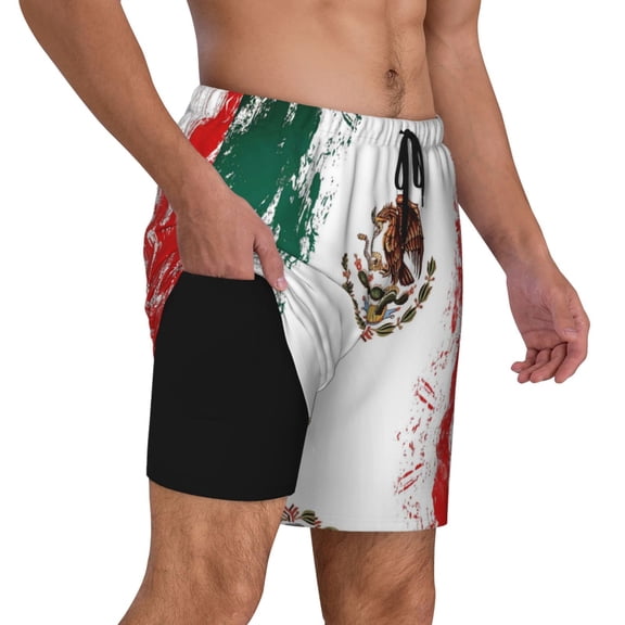 Mens Swim Trunks Mexican Flag Quick Dry Board Shorts with Compression Liner