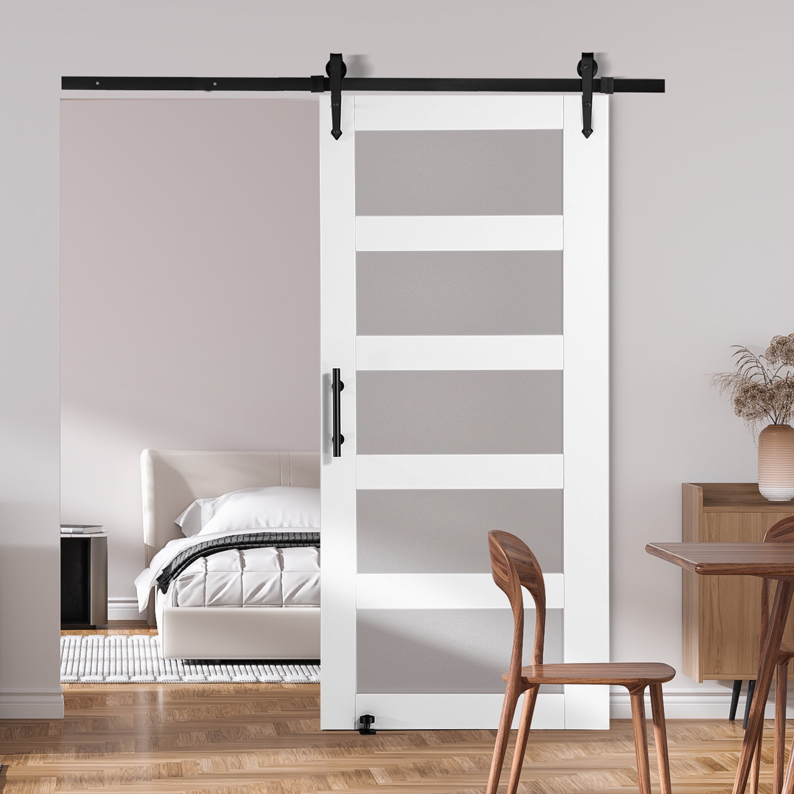 KFFKFF Barn Door and Hardware Kit 42" X 84", 5 Frosted Glass, Spruce Wood Slab, Barn Door Track With 8-in-1 Floor Guide and Door Handle