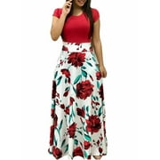 Sexy Dance Women Summer Autumn FloralPrint Boho Skirt Dress Short Sleeve Party Bodycon Long Maxi Dress Beach Sundress