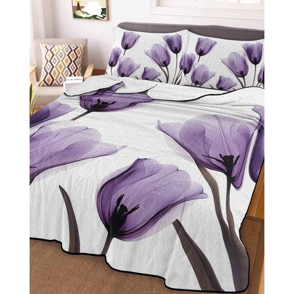 Elegant Tulip Twin XL Size Down Alternative Comforter, Lightweight Comforter Quilt Bedding Set with Pillow Shams Purple White Botanical Long Tree Leaves All Seasons Bed Comforter Duvet Insert 68"x98"