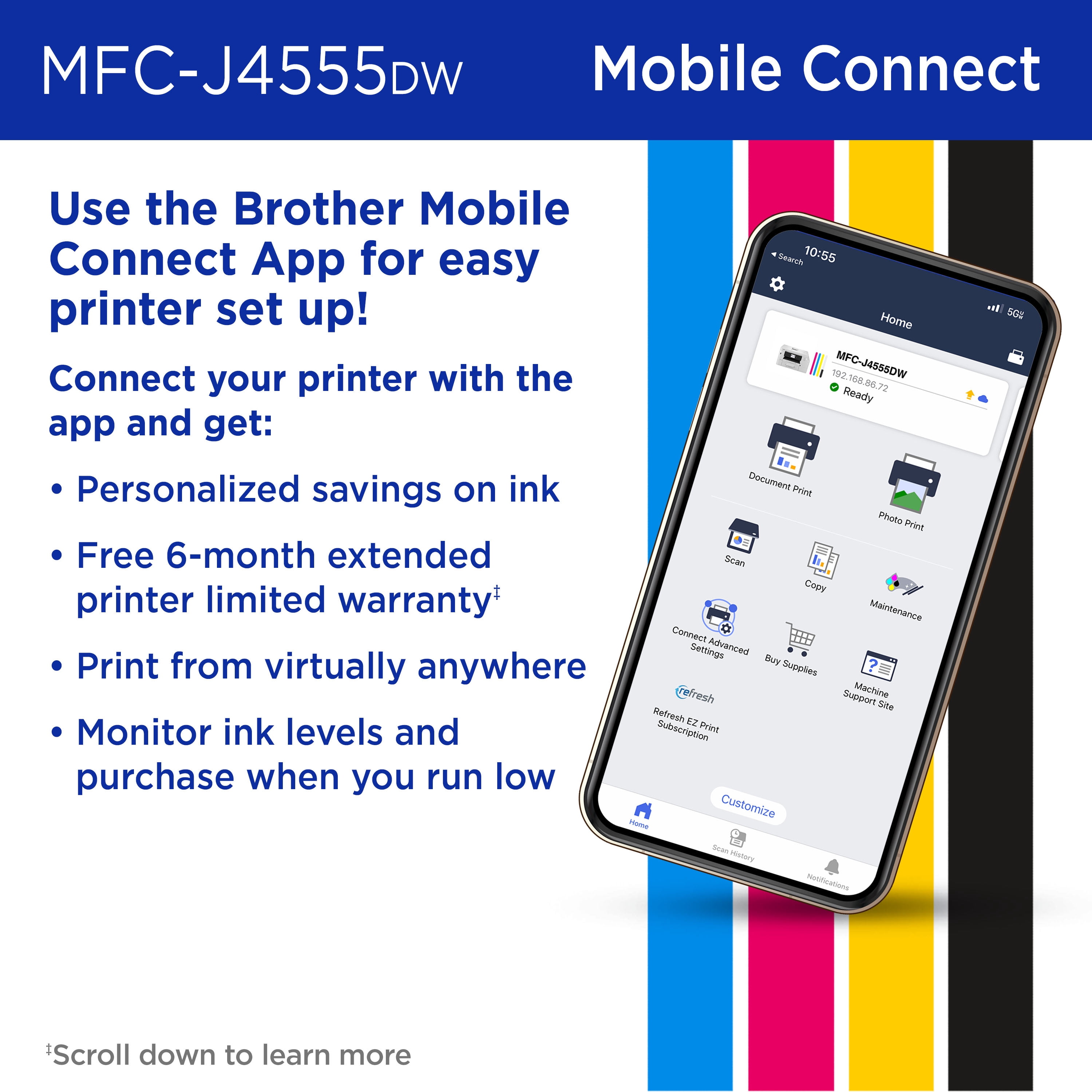 Brother INKvestment 4555 MFC-J4555DW Wireless Color Inkjet All-in-One Printer with 2.7” Color Touchscreen and 2 Paper Trays