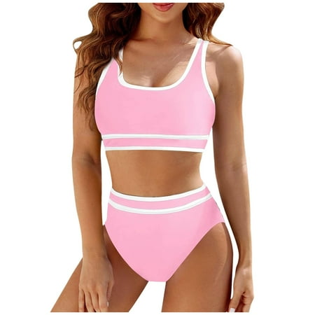 Fulorrnie Women s High Waisted Bikini Sets Sporty Two Piece Swimsuits Cheeky High Cut Bathing Suits  Pink  XL