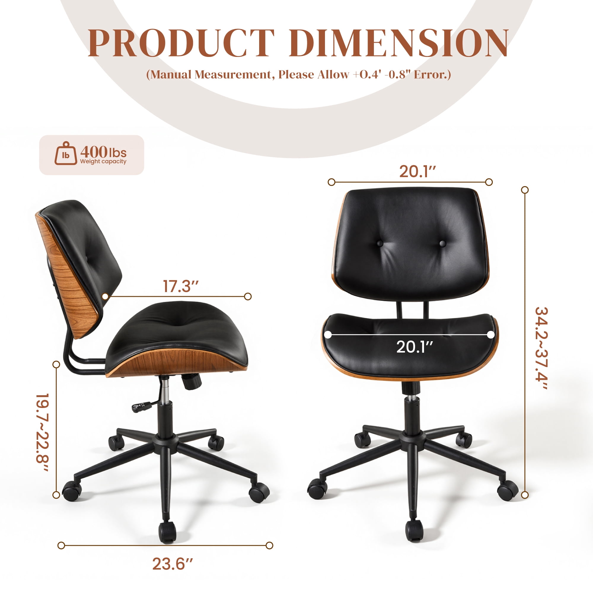 XIZZI Home Office Chair, Armless Mid-Century Ergonomic Desk Chair with 3" Thick Cushion, Premium PU Leather Mid Back 360 Swivel Computer Chair with Walnut Design, Button-Tufted Black