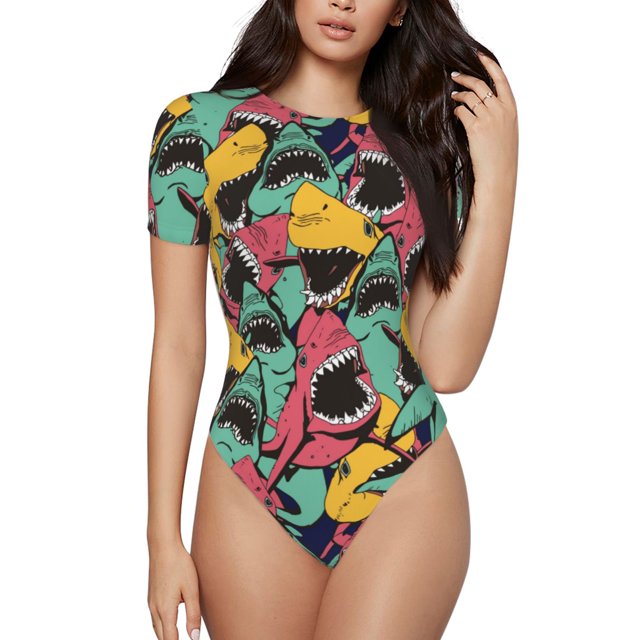 Balery Angry Shark Pattern Body de cuello redondo de manga corta para mujer Tops de manga corta Tops básicos-XX-Large