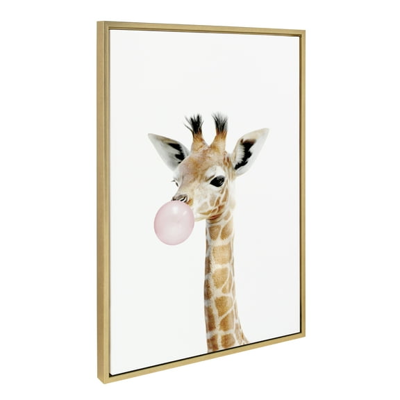 Kate and Laurel Sylvie Bubble Gum Giraffe Framed Canvas Wall Art by Amy Peterson Art Studio, 23x33 Gold, Cute Whimsical Animal Art for Wall