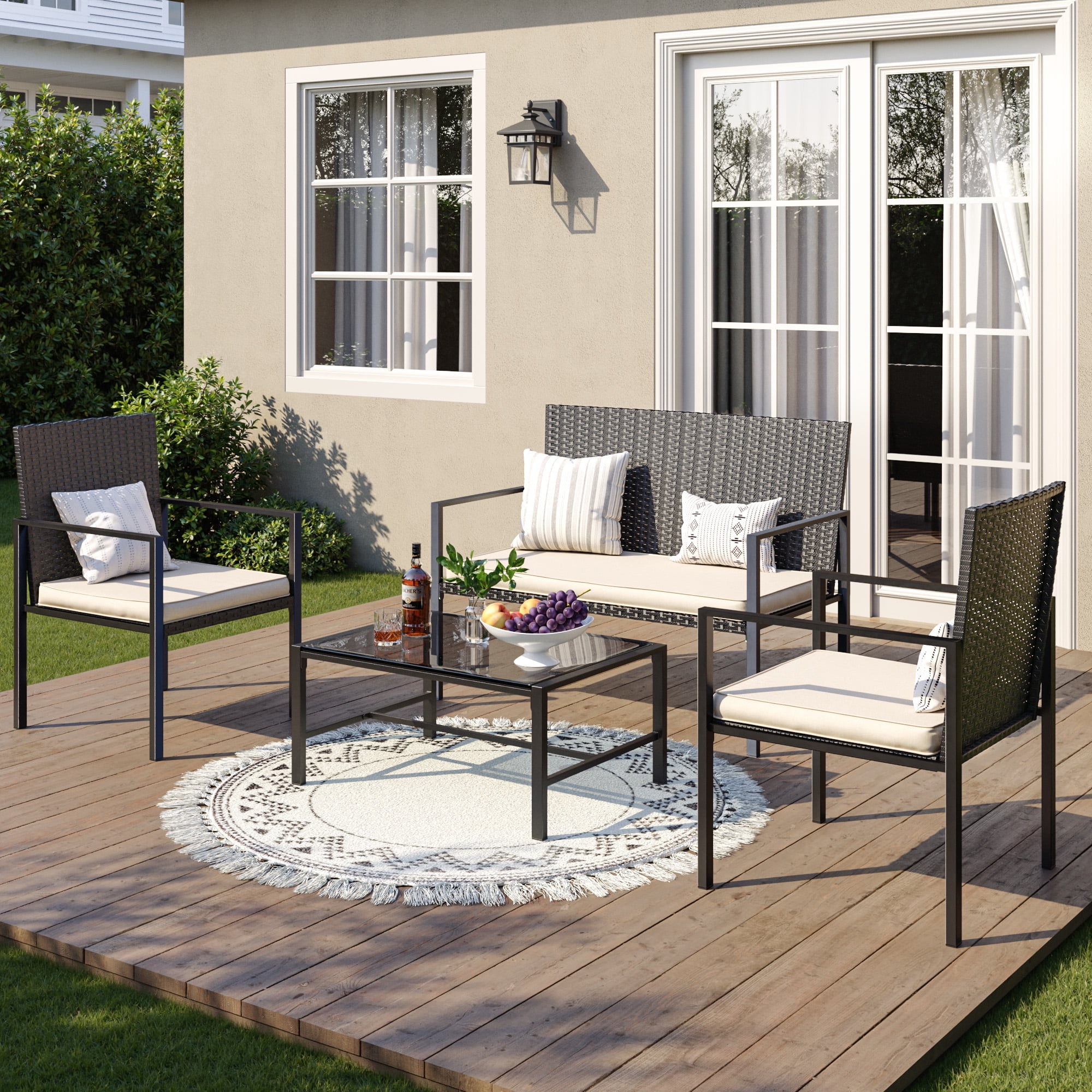 ELPOSUN Patio Furniture Sets for 4, 4 Pieces Patio Comversation Set with Glass Coffee Table,for Backyard Balcony Lawn Pool,Black/Beige