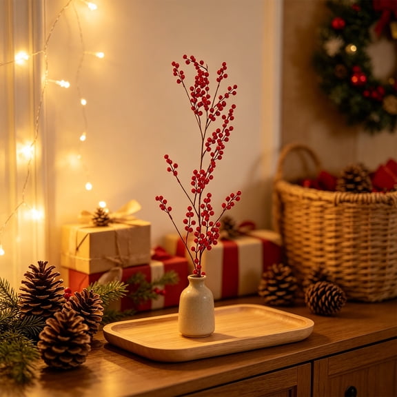 Artificial Christmas Berry Rattan Decorative Wrapping 1 Meter - Plastic Indoor Holiday Decor with Berry Clusters for Mantels, Windows and Doorways Red