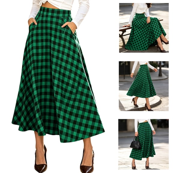 Jovrlynd Christmas Plaid Midi Skirts High Waist A Line Green Vintage Long Skirts with Pockets Casual Party Skirt Gifts for Her