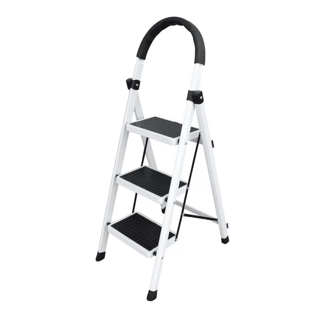 Escalera De Acero Inoxidable De 3 Peldaños Plegable, Blanco
