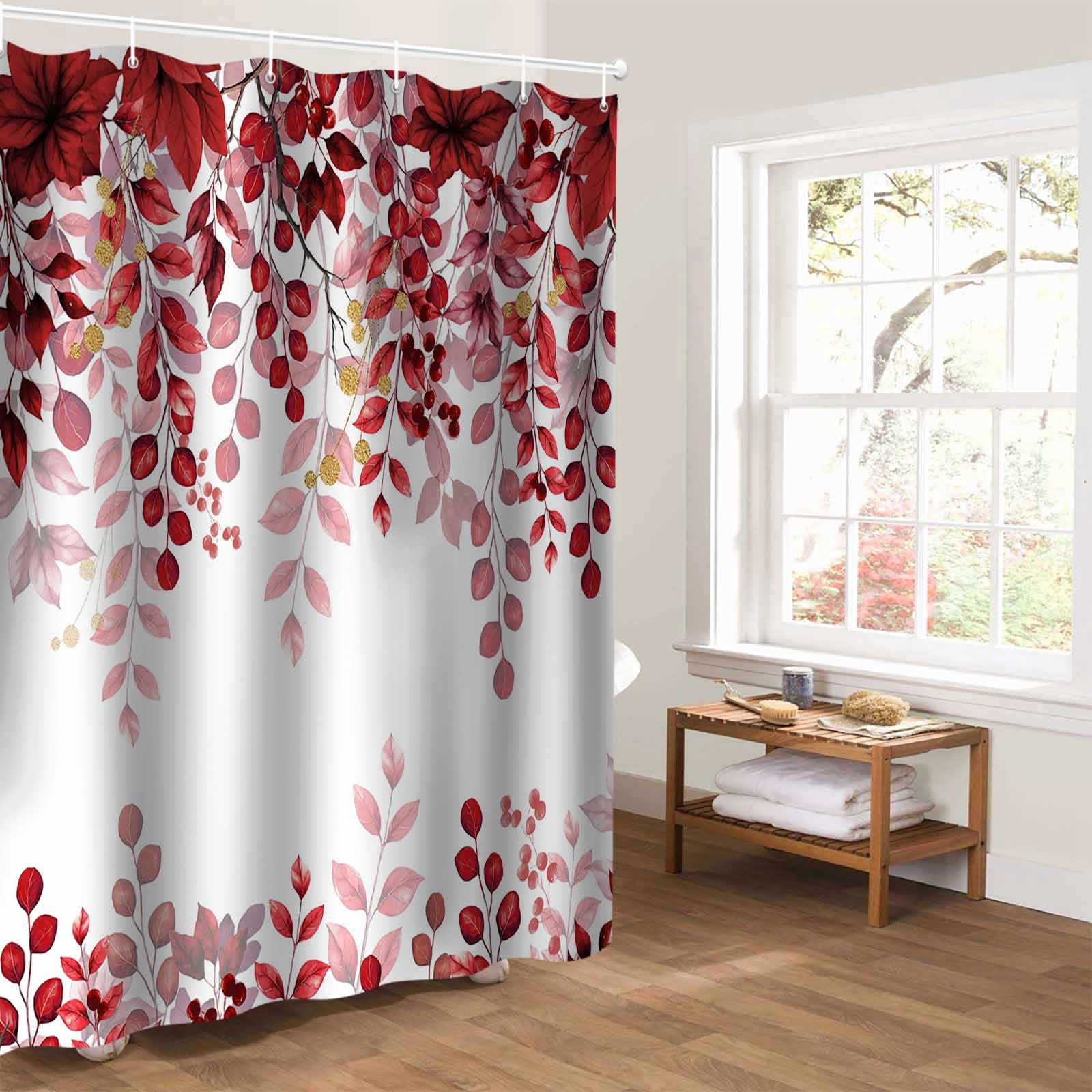 Red Eucalyptus Bathroom Curtain 78 Inch Shower Curtain with Hooks, Gold Branches Vintage Flower Plant Waterproof Polyester Bath Curtain Washable Bathtub Curtain 72''x 78''