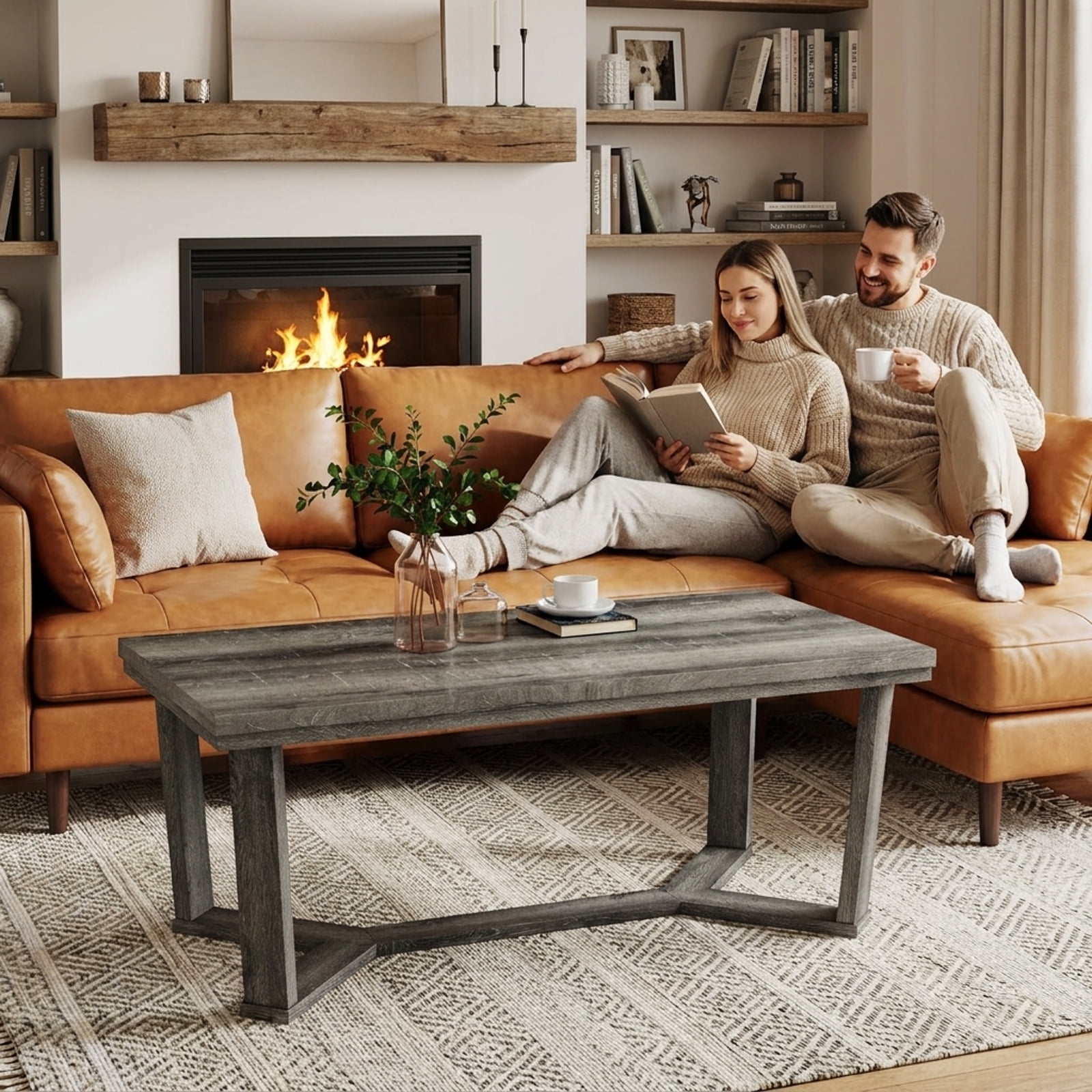 Furnibear Rectangle Coffee Table Rubber Wood Base with Cross-Shaped Base - Gray - Living Room Cocktail Center Table
