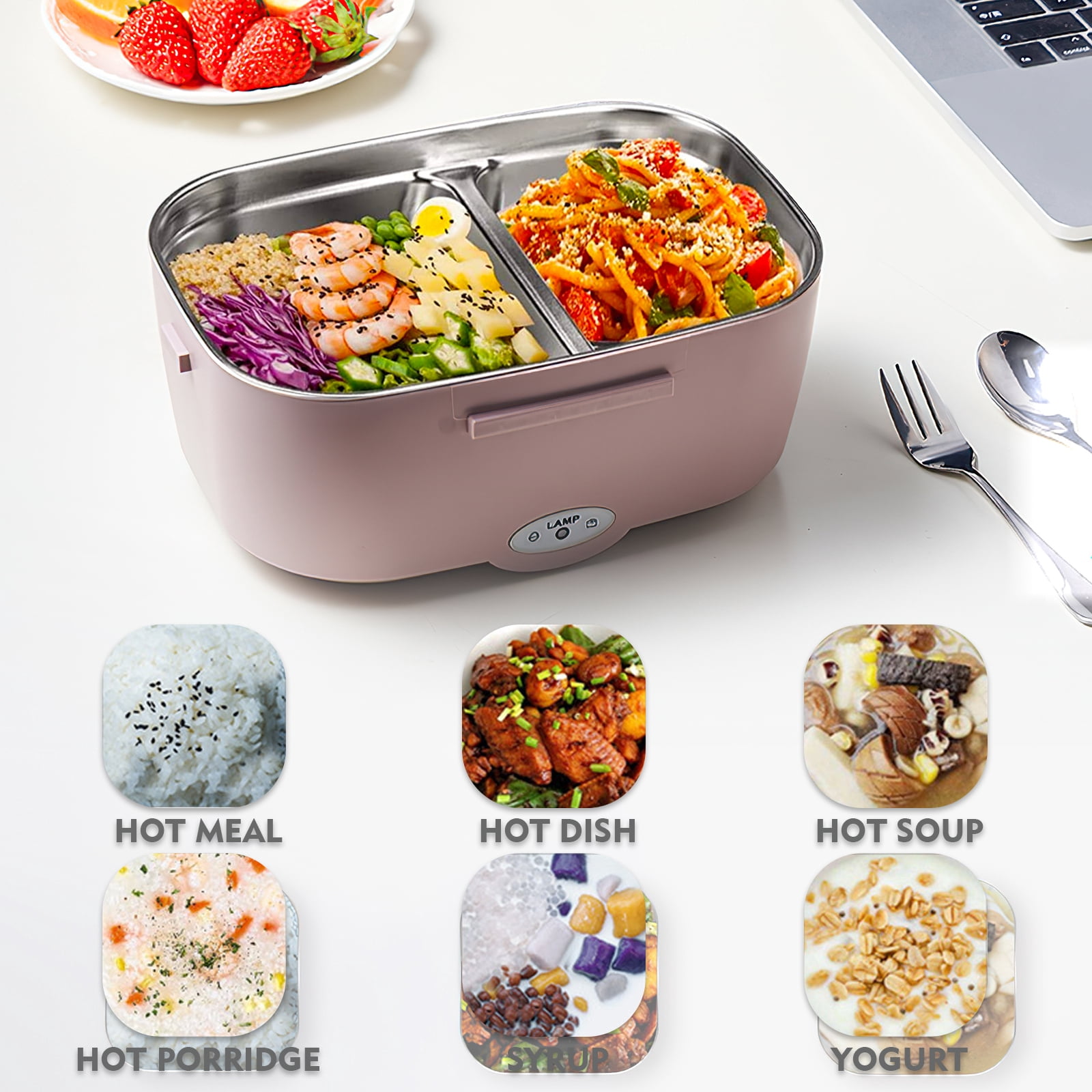 Electric Lunch Box -DFITO Fast 65W Food Heater 3-In-1 Portable Food Warmer Lunch Box W/Leak proof, 2 Compartments, Removable 304 Stainless Steel Container, Fork, Spoon and Carry Bag,Pink