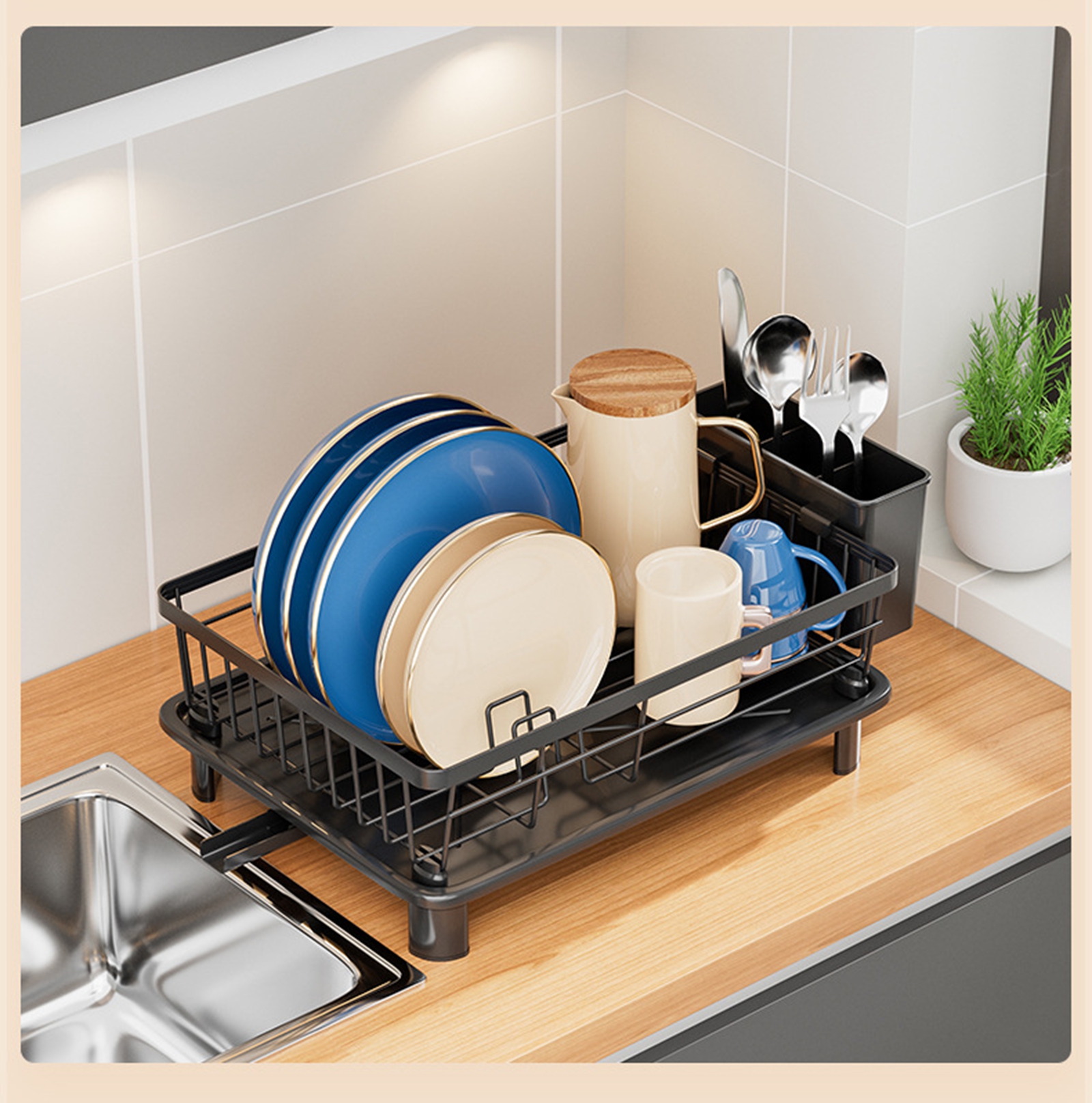 Bxaolu Small Dish Drying Rack, Compact Dish Rack for Kitchen Counter, Stainless Steel Dish Drainer, Space Saving Plate Rack, Dish Strainer with Cutlery Holder(White, 11" Wx 14.9L" x 5"H)