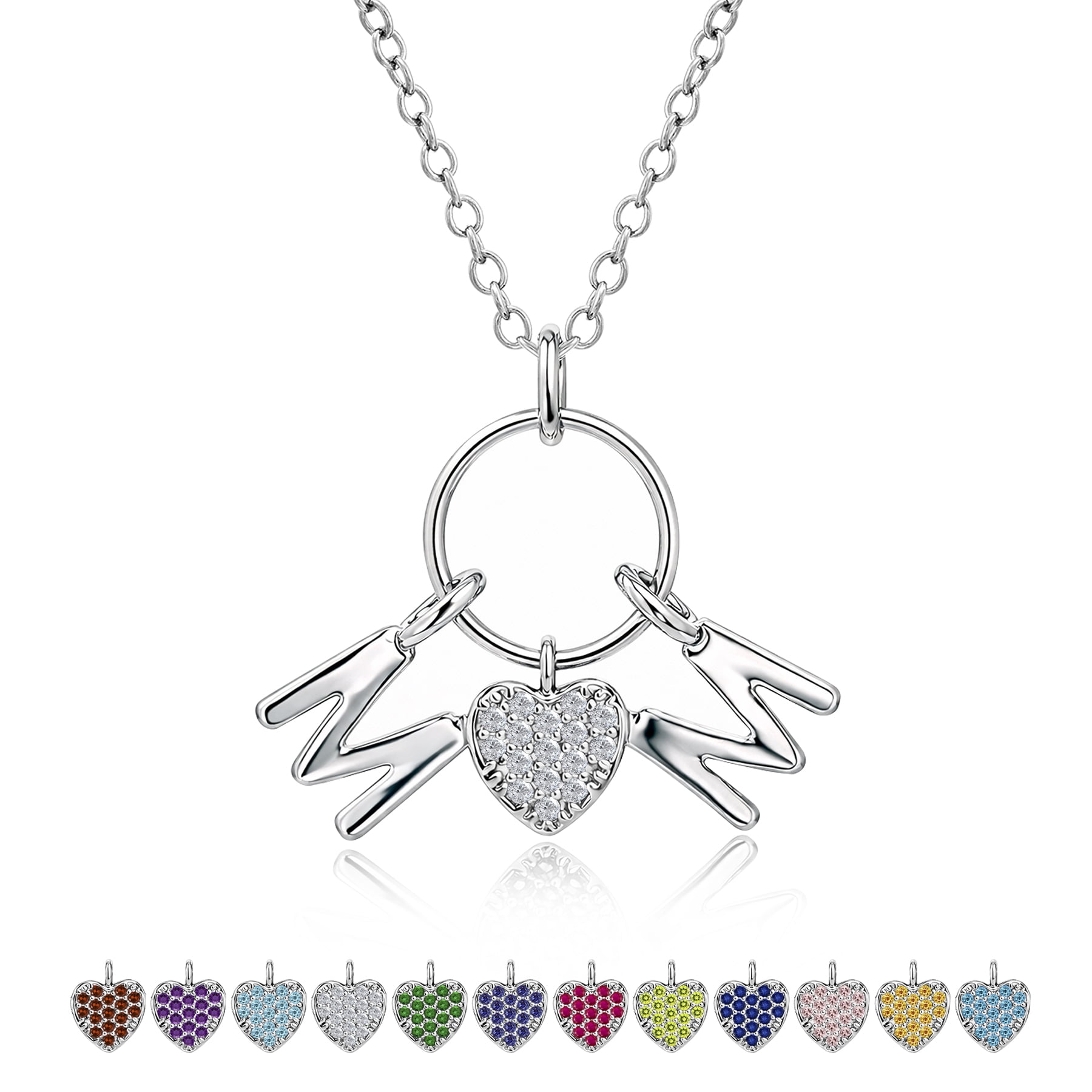 JeenMata Circle Pendant with MOM Charms Pendant Necklace - April Cubic Zirconia Birthstone - White Stone Embellished in 18K White Gold Plating, Mother's Day, Gift for MOM