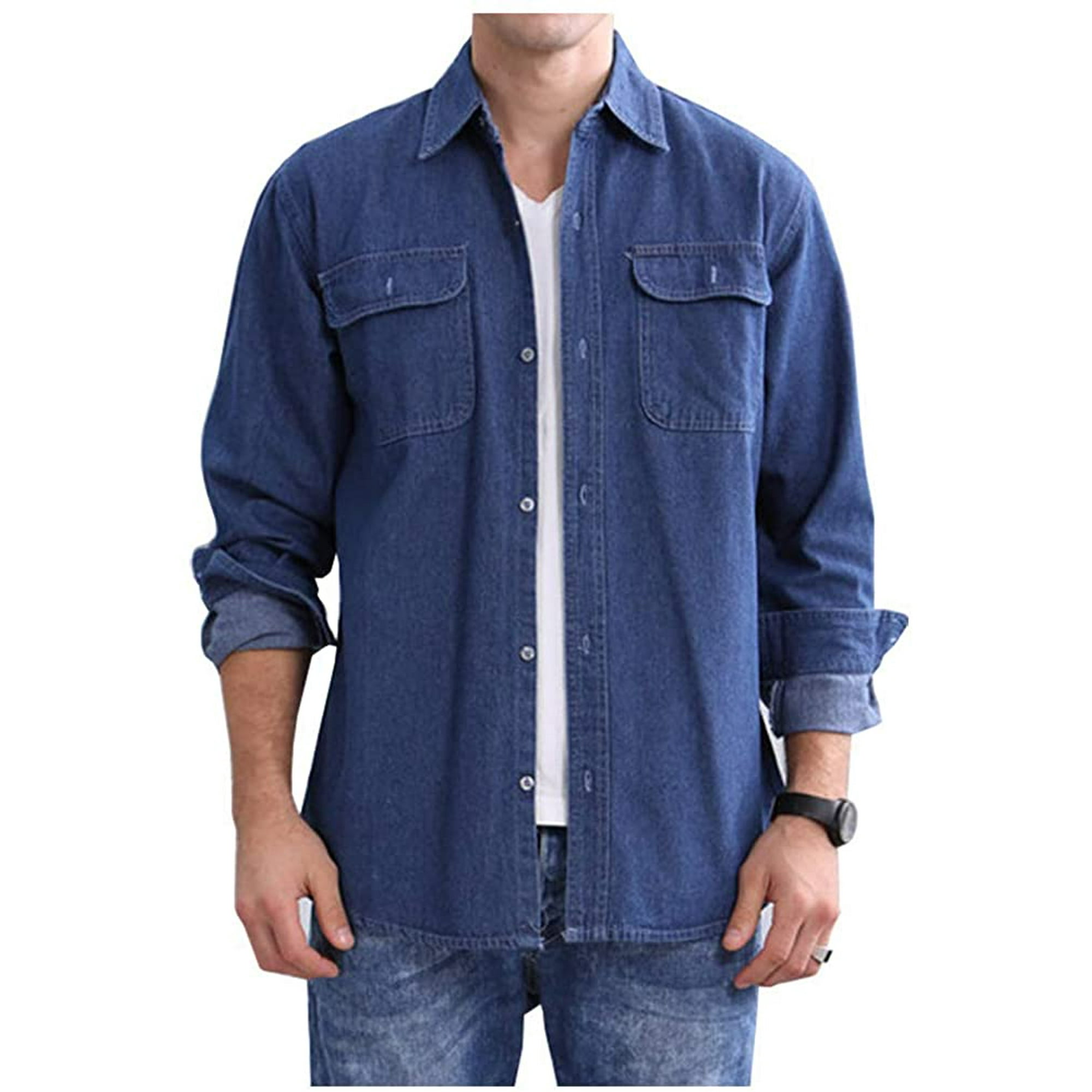 Mens Denim Shirts Long Sleeve Button Down Workwear Chambray Jean