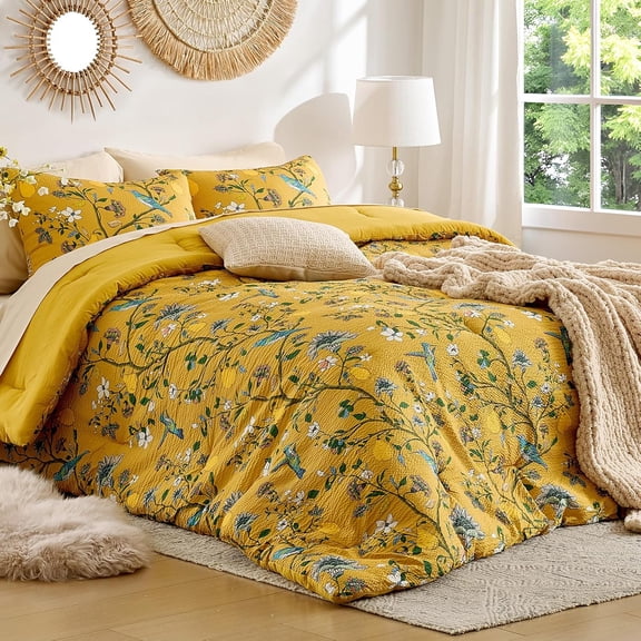 Yellow Bedding Queen Comforter Set 3 Pieces,Vintage Botanical Floral Pattern Bed Comforter Sets,Boho Whimsical Modern Printed Design Cute Seersucker Bedroom Comforter and Shams