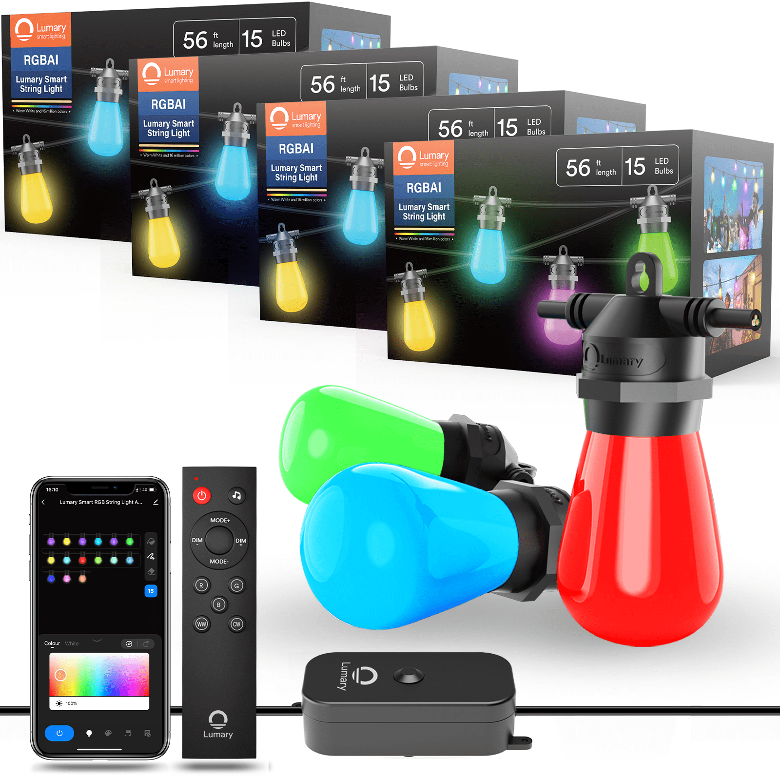 Lumary 56FT Smart Outdoor String Lights with Remote, RGBAi Color