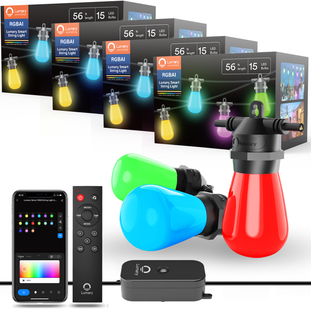 Lumary 56FT Smart Outdoor String Lights with Remote, RGBAi Color