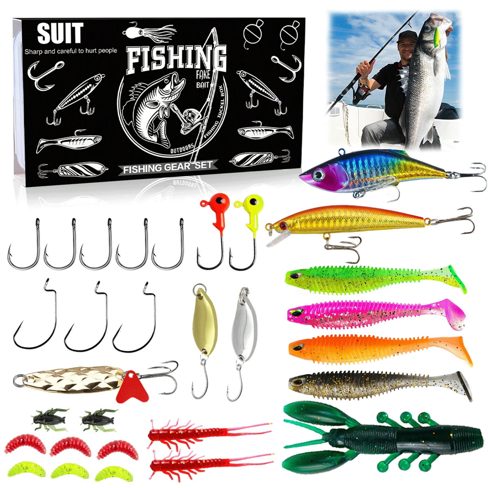 Fishing Lures Soft Plastic Fishing Soft Plastic Lures Fishing Lure Kit 30 Piece Complete Set with Fishing Hooks Freshwater Soft Plastic Baits Jig Heads Treble Hooks Black Tackle