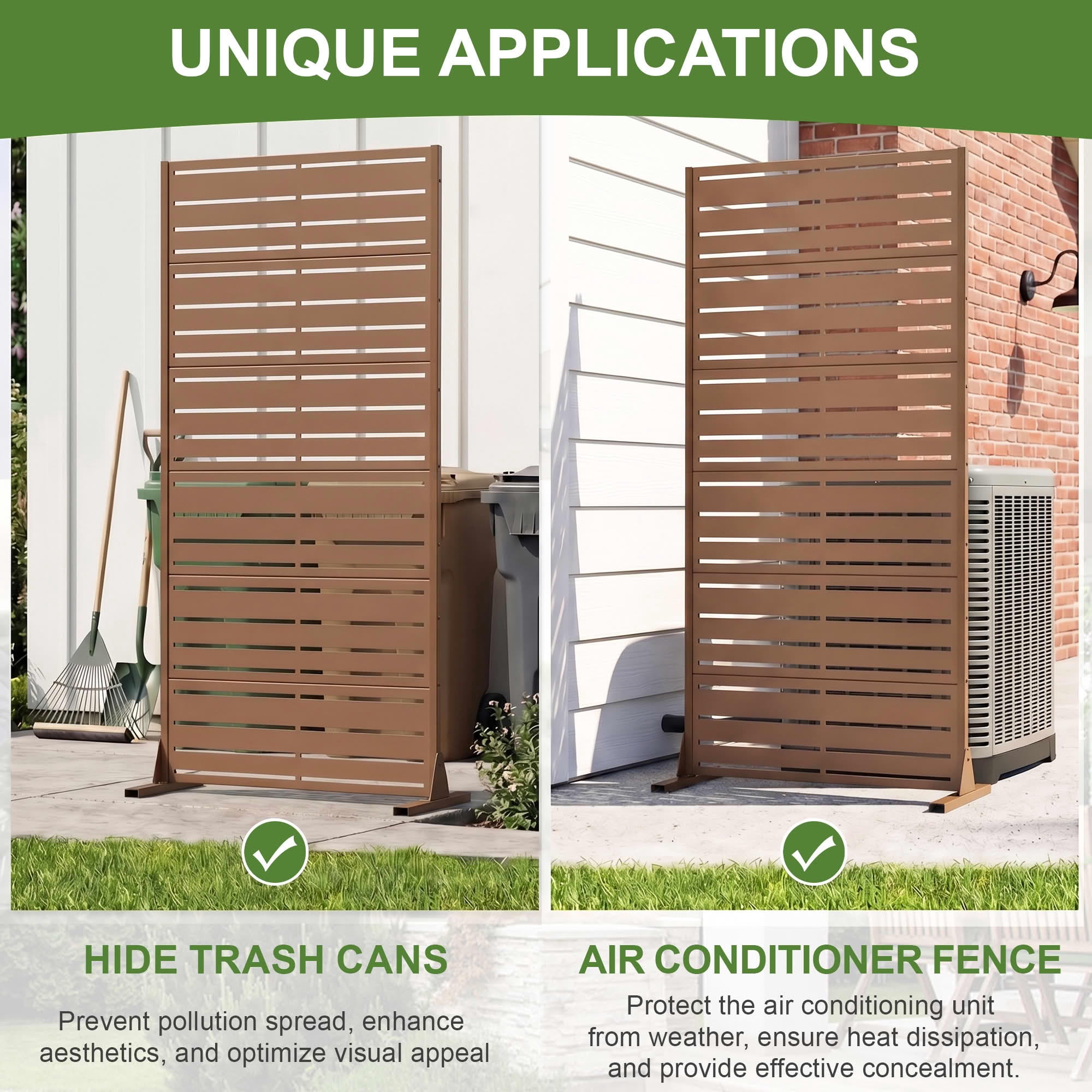 MAYEERTY 2-Piece 72"x35" Freestanding Privacy Fence, 6-Panel Brown Galvanized Steel Screen, Wide-1 Narrow-2 Slats for Outdoor Yard