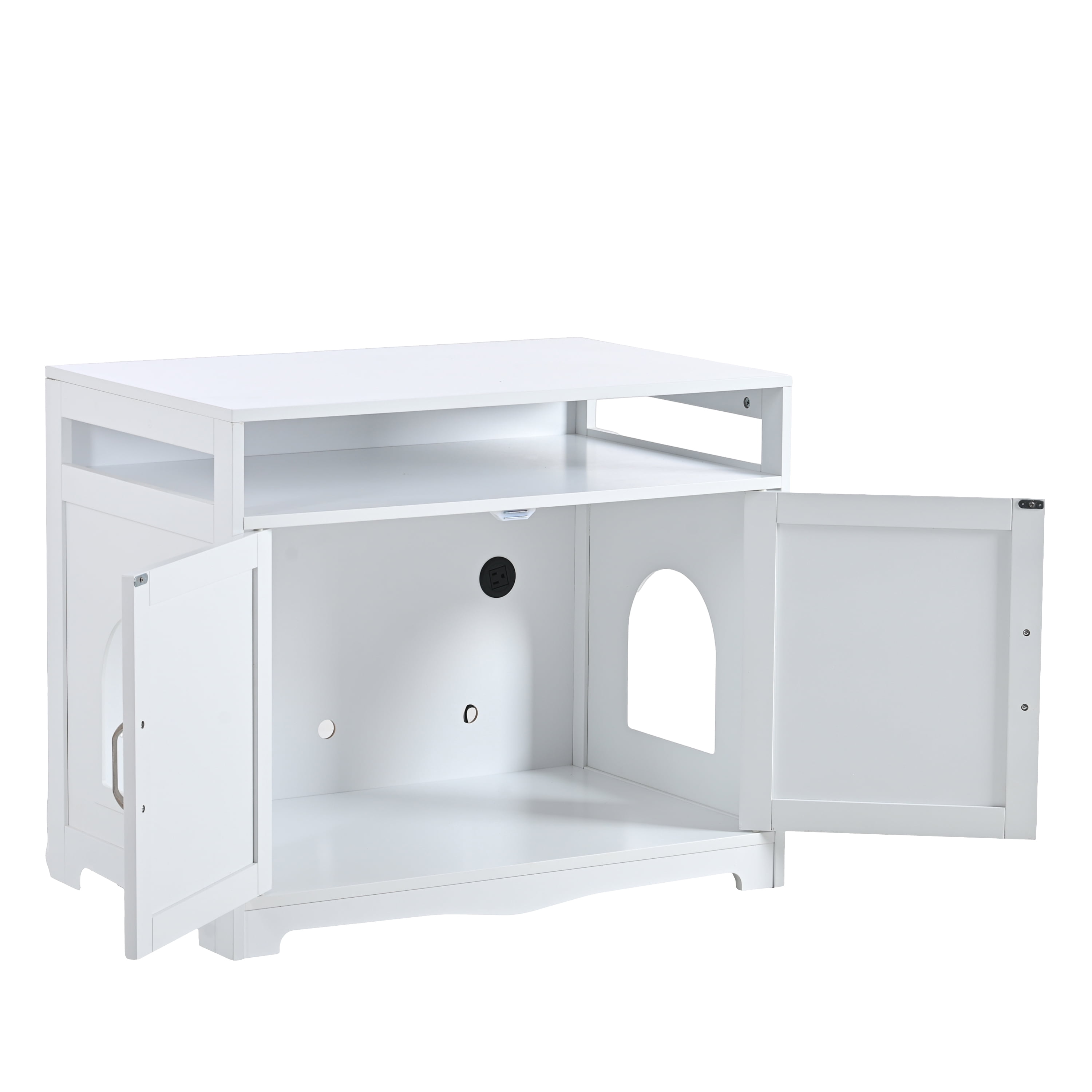 Litter Box Enclosure Furniture with Hidden Plug & 2 Doors, Large Wooden Cat Washroom Storage Bench Side Table, Indoor Pet House, White