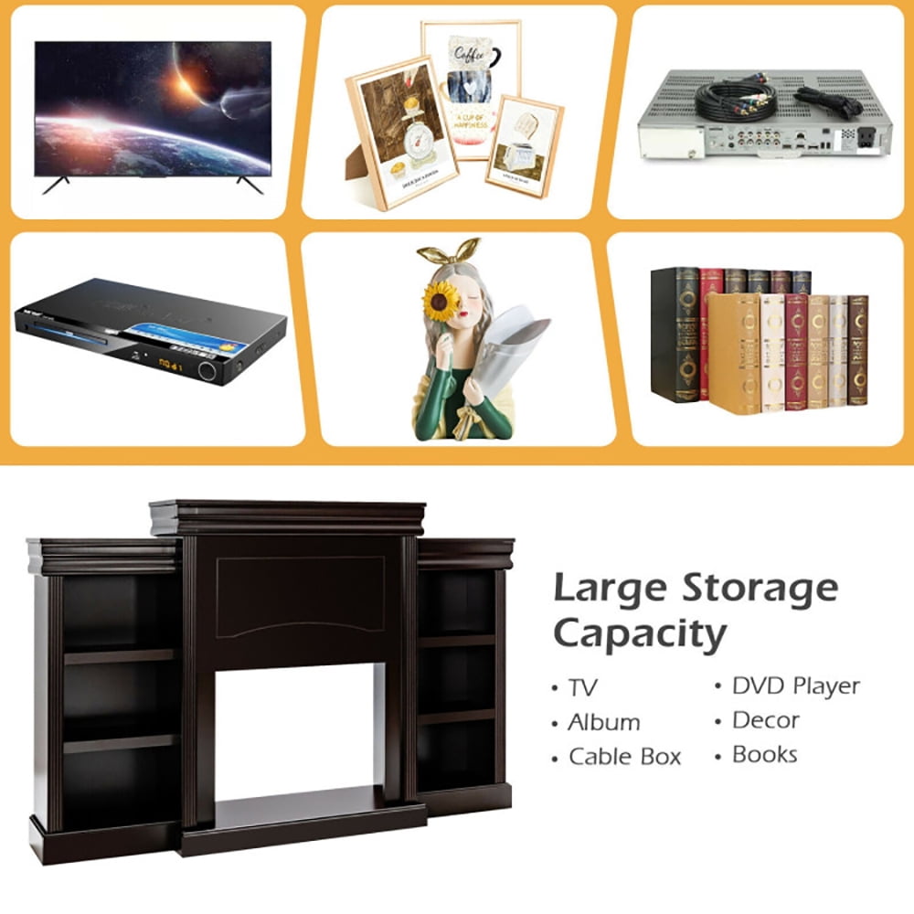 Finihen TV Stand, TV Cabinet, 70 Inch Modern Fireplace Media Entertainment Center with Bookcase, Media Entertainment Center with Storage, for Living Room, Bedroom, Brown