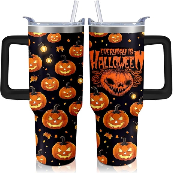 Horror Scary Spooky Pumpkin 40 oz Halloween Tumbler with Handle and Straw, Stainless Steel Insulated Cup Coffee Mug Water Bottle for Halloween Gift
