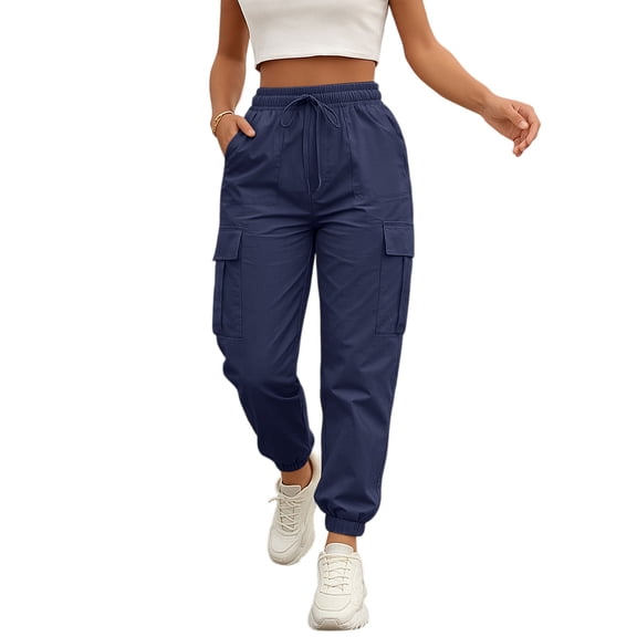 Resicozy Cargo Pants Women Lightweight Joggers Quick Dry Summer Hiking Drawstring Pants with Pockets Navy 2XL