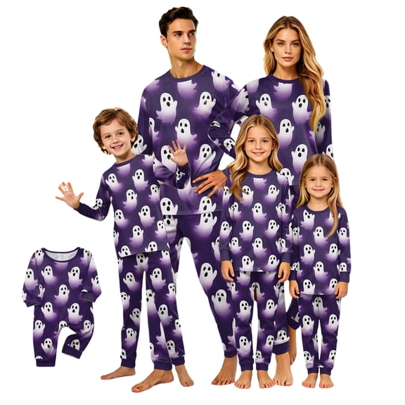 Halloween Pajamas, Blue White Ghost Matching Family Pajamas Ghost Pattern Long Sleeve 2 Piece Pj Set Modern Sleepwear Nightwear Loungewear Artistic Casual Photos